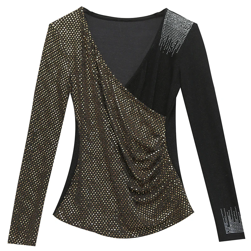 2023 새로운 가을 겨울 유럽 의류 섹시한 v 넥 패치 워크 반짝 이는 다이아몬드 티셔츠 여성 탑 긴 소매 밝은 티셔츠 39129