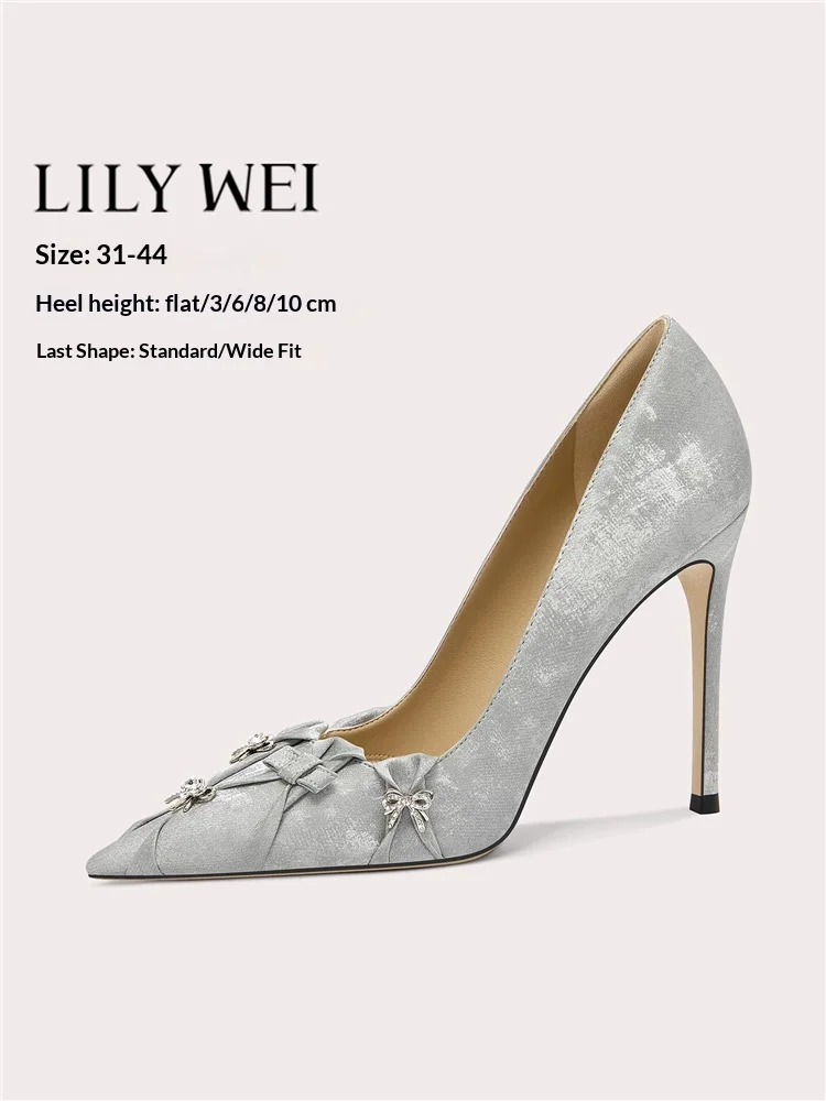 

Spring shallow diamond bow pearl flat sequin shoes banquet large size small size thin high heel wide version women's shoes