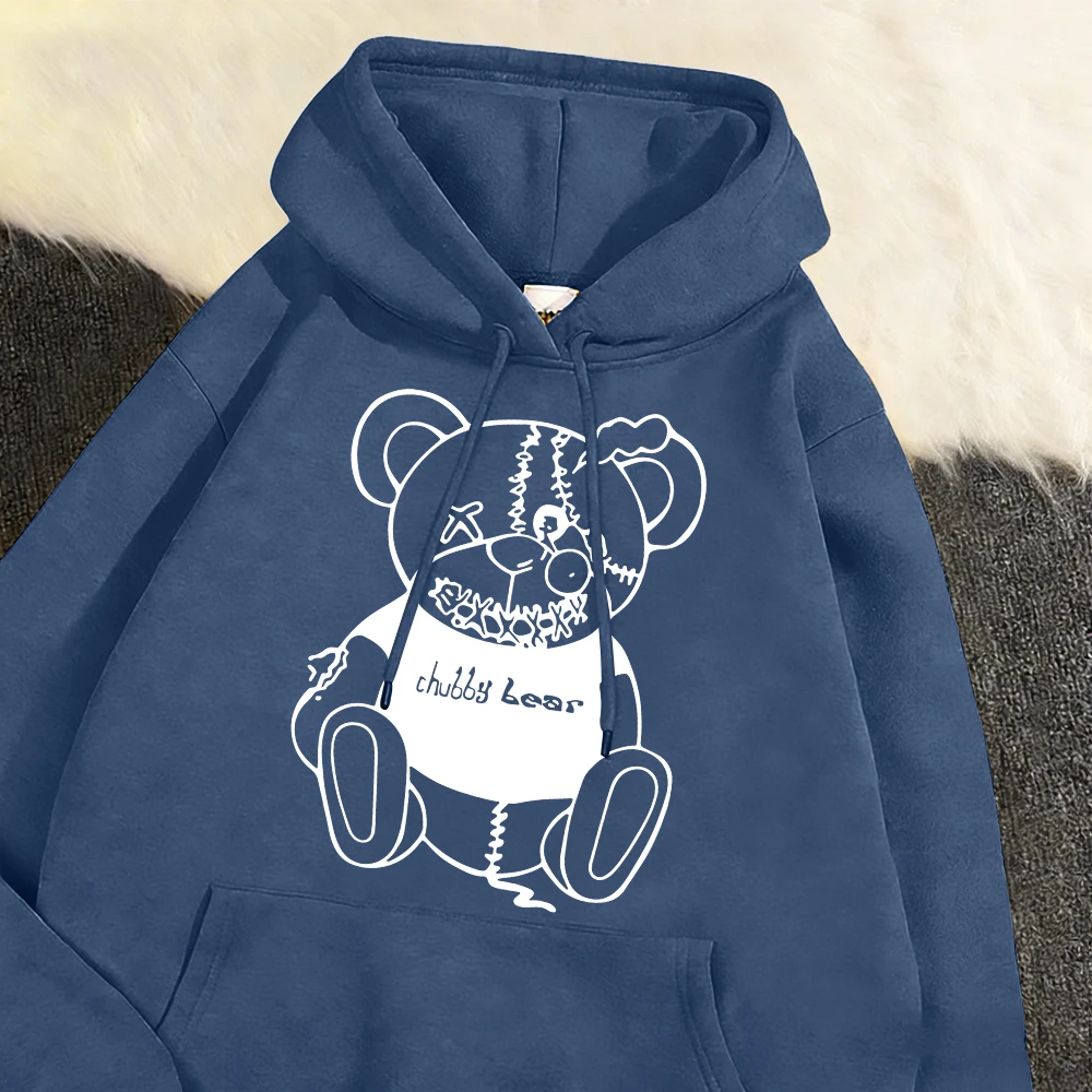 Pink Teddy Bear Printing Man Hoodie Fashion Autumn Fleece Warm Pullovers Casual Basics Clothing Unisex Loose Outdoor Sportswear