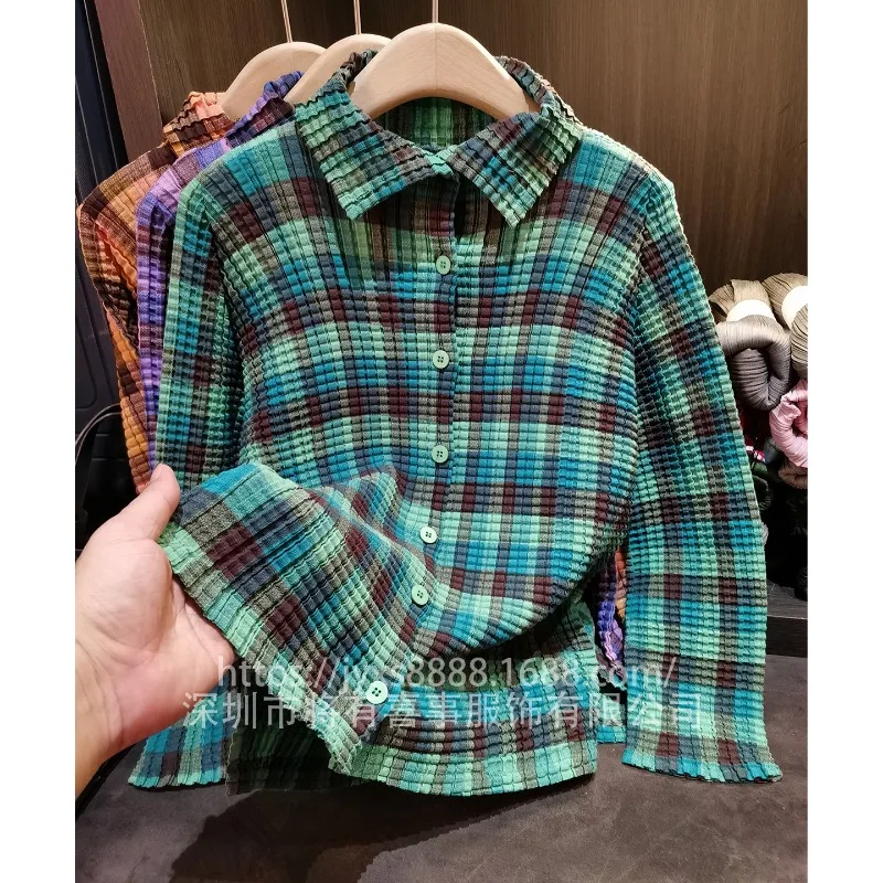 مياكي منقوشة مطوي قميص بلوزة الأدبية طويلة الأكمام واحدة الصدر ركاب تنوعا سترة بولو طوق بلوزة المرأة #1