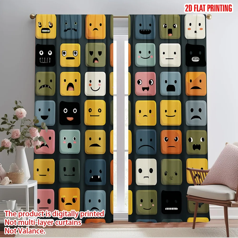2 шт. 2D плоские вечерние шторы с принтом Emoji Set Cool Happy Sad Angry полиэстер без электричества праздничный декор стен идеально подходит для