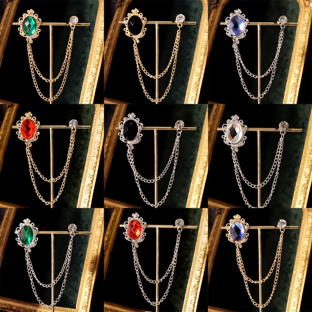 New Rhinestone Tassel Chain Brooch Pin for Men Suit Shirt Collar Badge Wedding Dress Party Vintage Jewelry Clothing Accessories