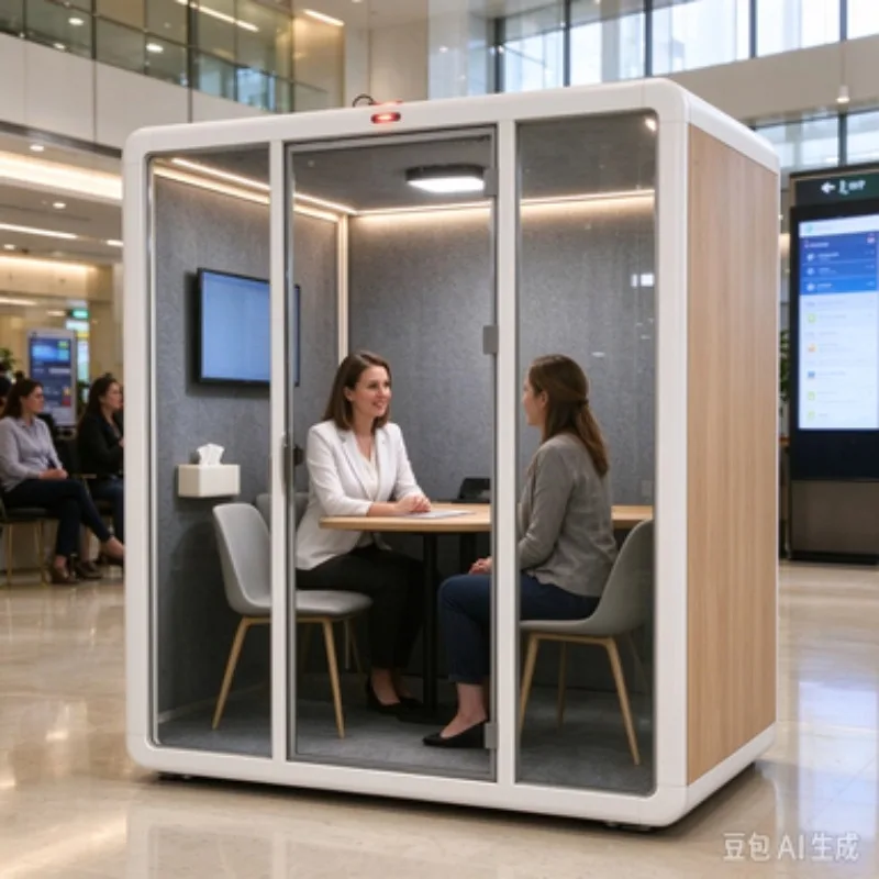 4-6 Person Large Soundproof Modern Office Pod Acoustic Meeting Pods Modular Privacy Room Movable Glass Booth LED Lighting for