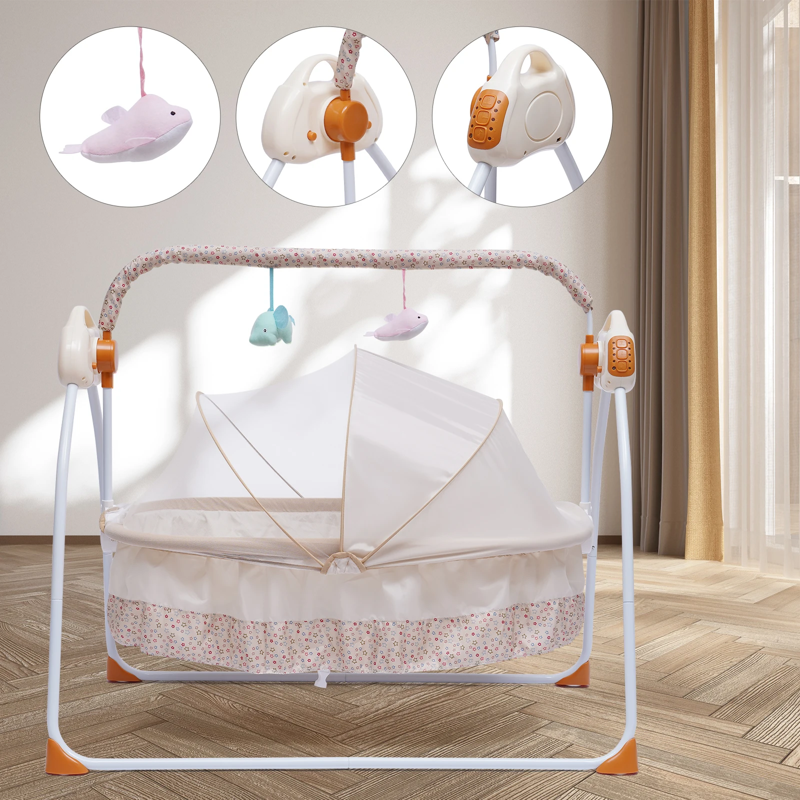 3-Color LED Bluetooth Electric Baby Cradle with Auto Swing, Safe Crib, Infant Rocker & MP3 Music Player