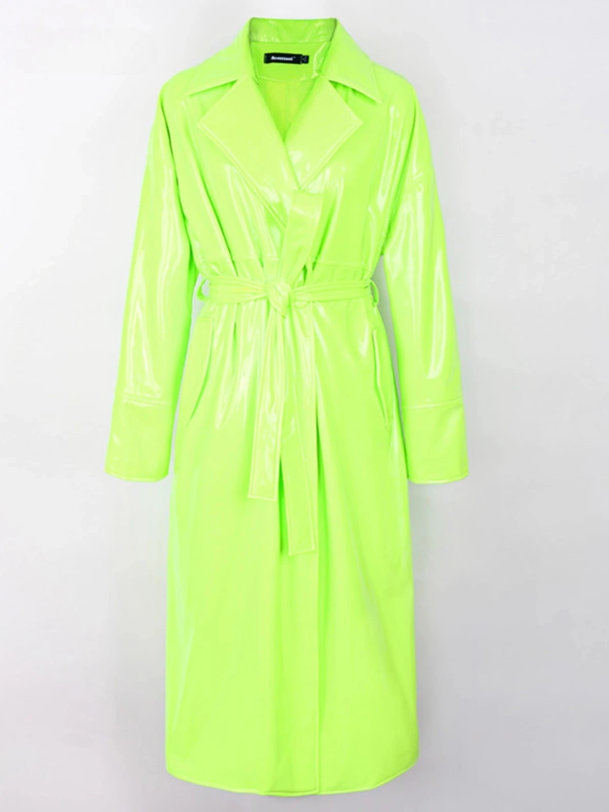 

Green Bright Topcoat Leather Trench Coat Spring Autumn Black Pu Leather Trench Coat Women Sashes Chic Overcoat Runway Fashion