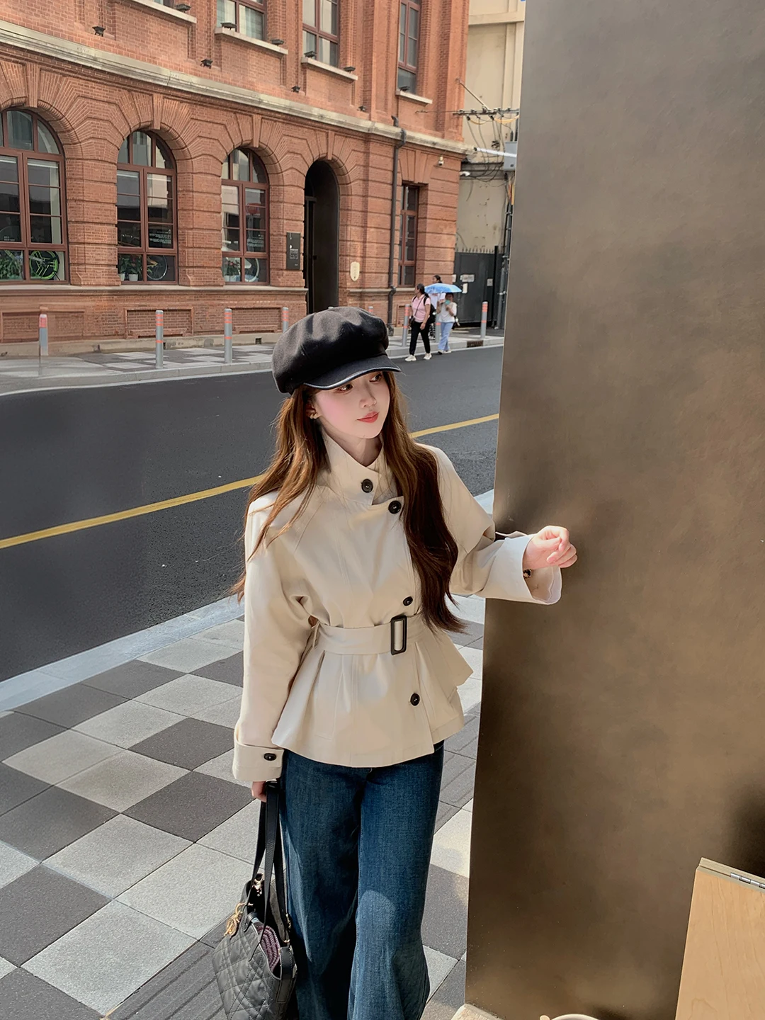 

British Style Short Stand Collar Coat Thin Women's Spring Autumn Loose Waist Inward Outerwear Double Row Button Long Sleeve