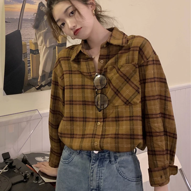 Alle Match Mix Kleur Geruite Shirts Vrouwen Herfst Winter Single Breasted Lange Mouw Vrouw Turn Down Kraag Blouses Vrouwelijke