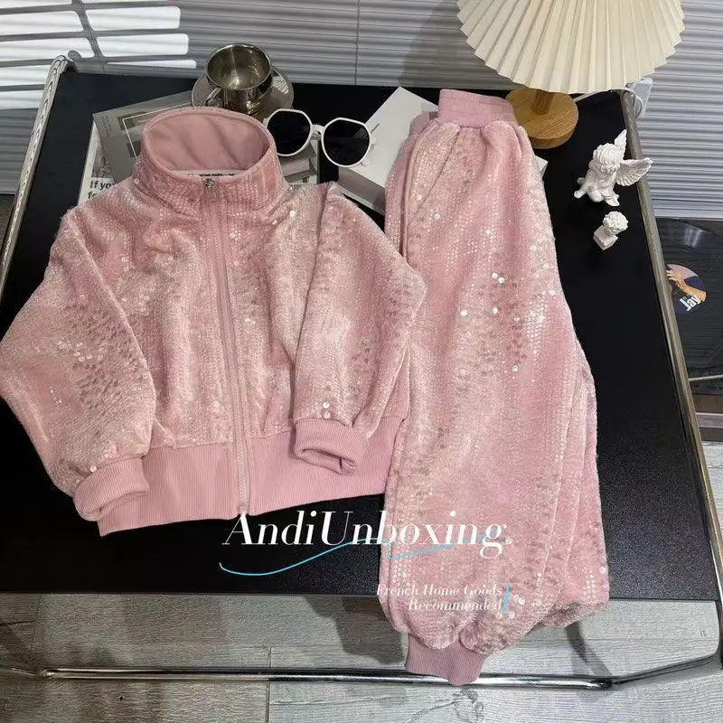

Girls Spring and Autumn Suit 2024 National Style Fashion Internet Celebrity Autumn Children's Foreign Style Sequins Two-piece