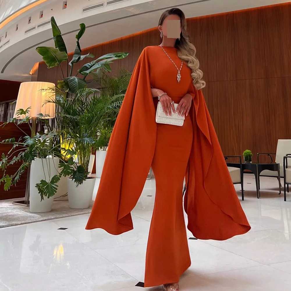 Customized Mermaid Orange Jersey Evening Dress Formal and Classic Crew Neck Flare Sleeves Homecoming Gowns for Saudi Arabia 2025