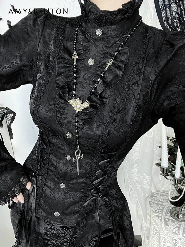 Gótico escuro retro tribunal estilo medieval lolita define subcultura estilo punk impresso gola camisa de cintura alta saia rabo de peixe