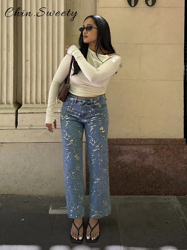 

Fashion Sequined Printed Flare Jeans Women High Waist Button Zipper Wide Leg Trousers 2025 Spring Summer Lady High Street Pants