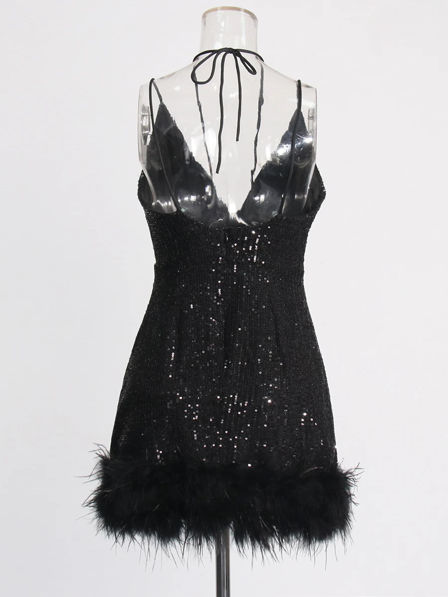 TWOTWINSTYLE Sexy Party Gesplitste Veren Jurk voor Vrouwen V-hals Mouwloos Patchwork Pailletten Solid Glitter Korte Jurken Vrouwelijke