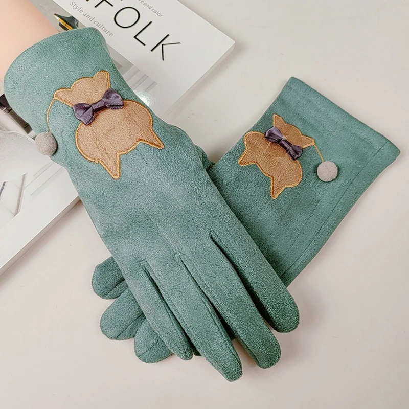 Cute Cat Embroidered Suede Leather Plus Velvet Thicken Riding Warm Gloves Winter Outdoor Sport Full Finger Touch Screen Driving