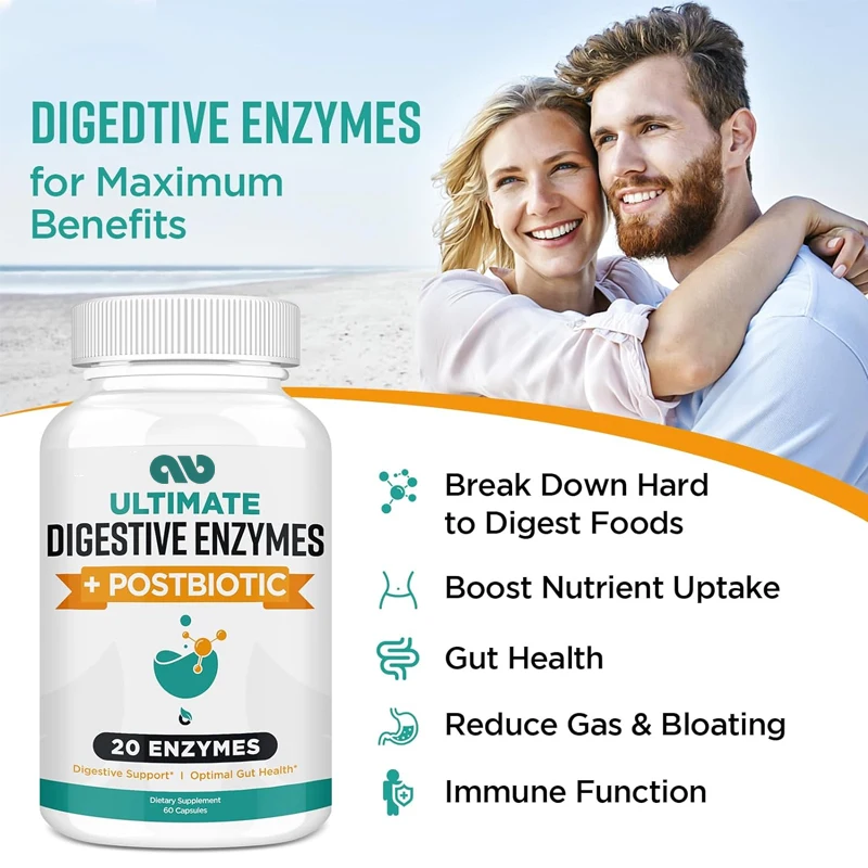 Digestive enzyme 1000mg, used for bloating, optimizing digestion and intestinal function, 60 vegetarian capsules