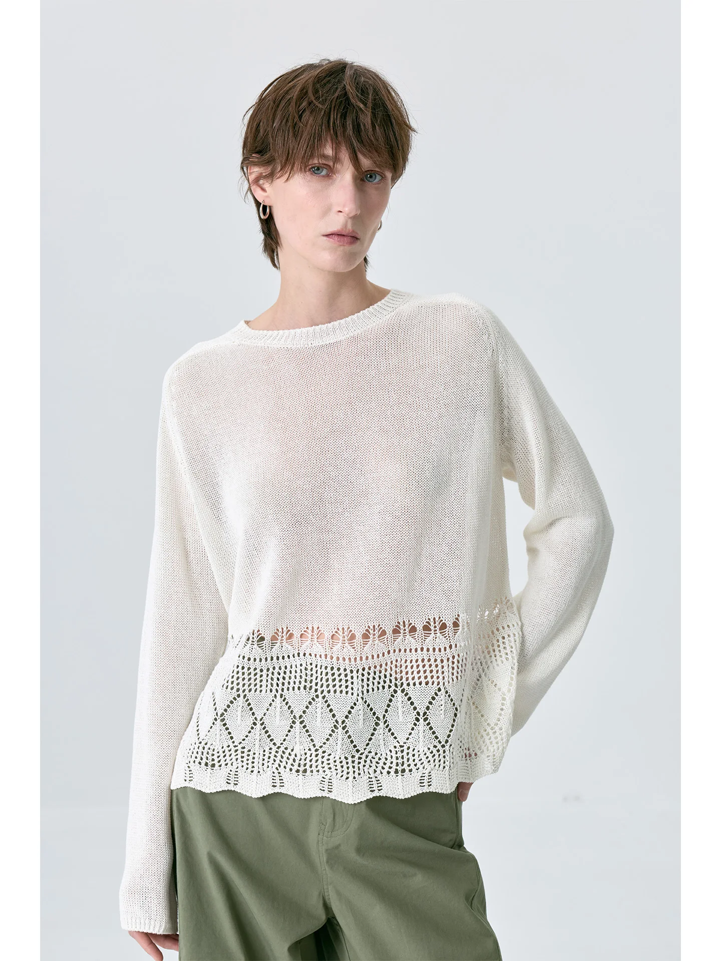 

Lace Knitted Loose Women's Top Silk And Paper Yarn Hollow out Design Breathable Comfortable Casual Sle Long Sve T