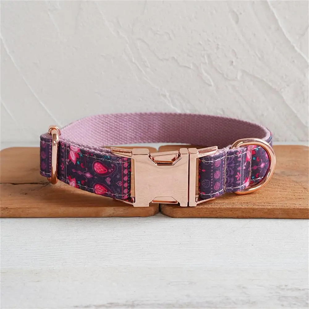 Personalized Dog Collar with Free Engraving, Matching Pet Leash,Customzied Contacts Metal Buckle, Purple Lotus Pet Collar