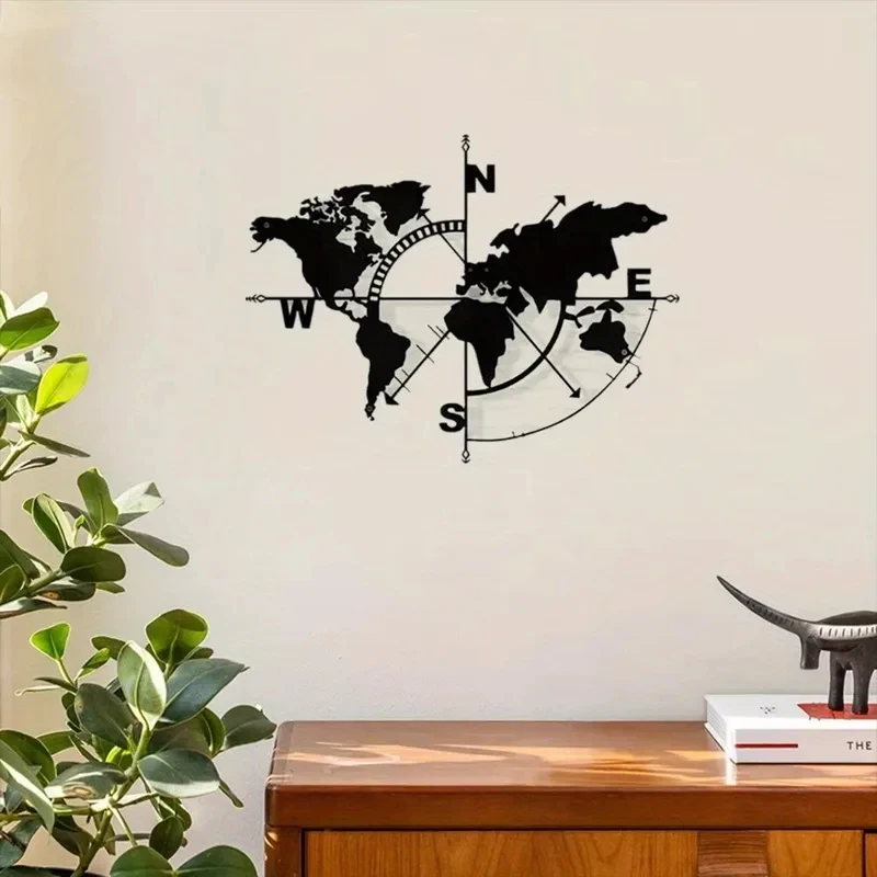 CIFbuy Wrought Iron World Map Wall Art Metal Compass Home Décor Durable Modern Classic Interior Hanging Decor 1PC