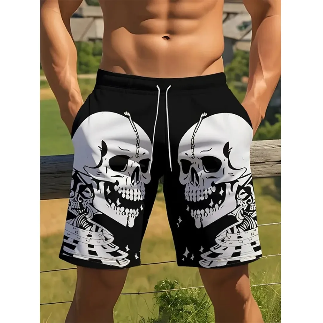 

Стильные шорты для бега с 3D принтом черепа для мужчин, спортивные шорты для тренировок в тренажерном зале и фитнесе с карманами, летние спортивные быстросохнущие эластичные шорты
