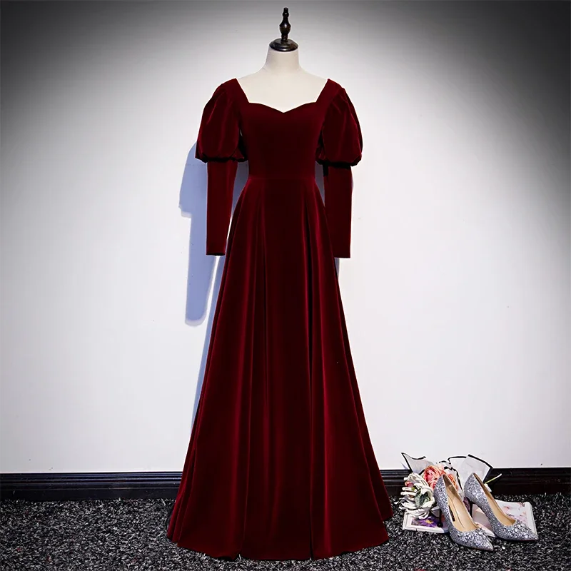 

Evening Dress Burgundy Strapless Elegant Simple Pleat A-Line Empire Full Sleeves Floor-Length Party Formal Dresses Woman B972