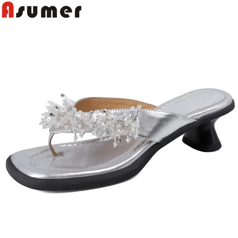 

ASUMER 2024 New Genuine Leather Flip Flops Shoes Women Top Sale Ladies Party Fringe Slippers Strange Style Med Heels Slippers