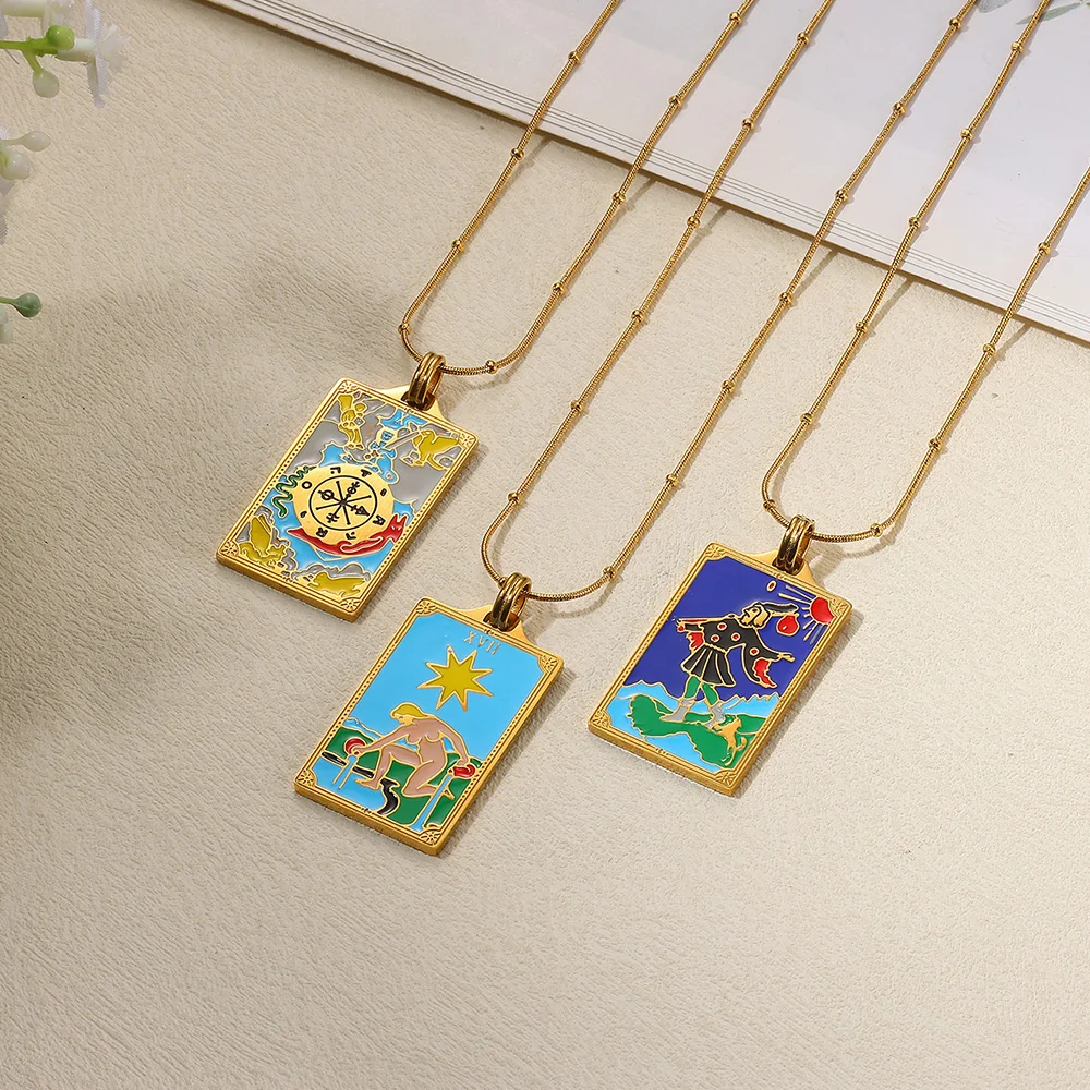 Vintage Square Tarot Pendant Necklace For Women Men Gold Color Star Moon Religious Art Necklace Punk Jewelry Christmas Gift