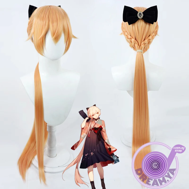 Perruque de Cosplay pour filles, cheveux synthétiques de OTs-14 cm de Long, couleur dorée, résistante à la chaleur, jeu de rôle + bonnet pour fête d'halloween et carnaval, 100