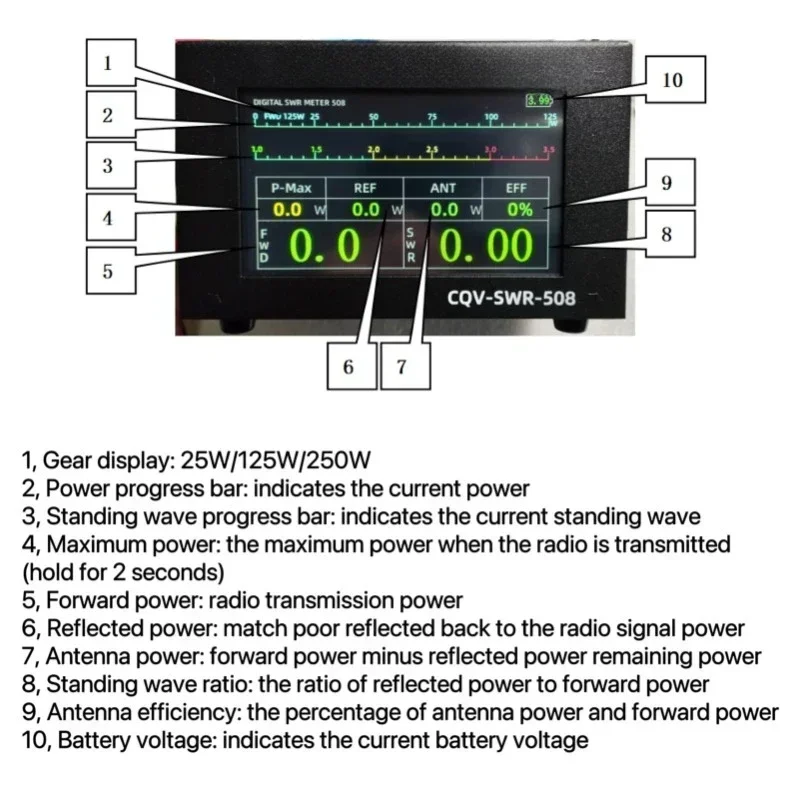 200W High Power Digital SWR Meter with 1.8-54Mhz Frequency 4.3 Inch IPS Color Display Auto Shut-off and Fine-Tuning Capabilities