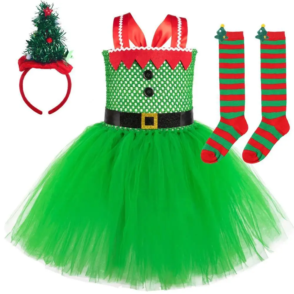 

Green Christmas Tree Costumes for Girls Xmas Elf Ballet Tutu Dress for Kids New Years Carnival Clothes Children Holiday Outfit