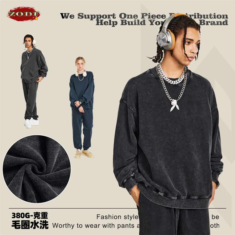 ZODF New Autumn Winter Washed Cotton Sweatshirt For Men Unisex Basic Loose 380gsm Sport Knitted O-Neck Pullovers HY0902