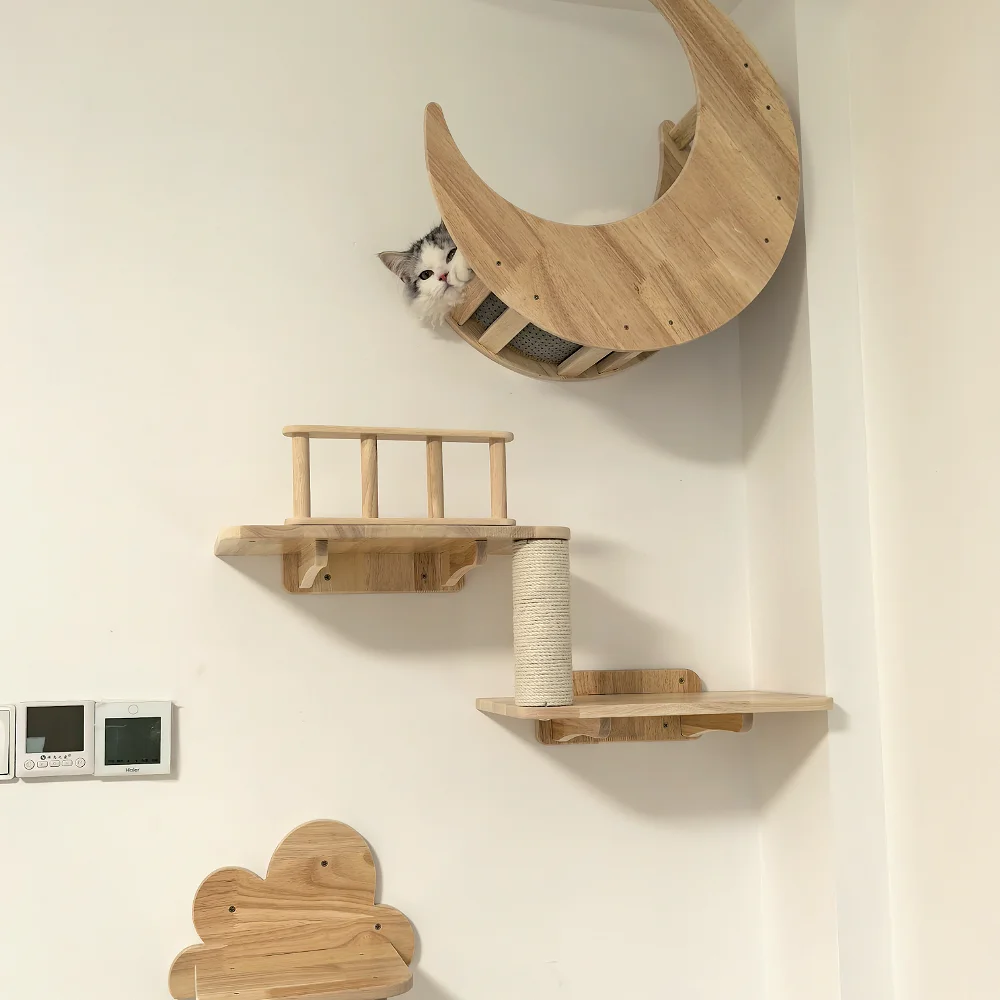 壁掛けキャットツリー無垢材猫クライミング棚サイザル麻階段スクラッチポストハンモック屋内猫ジムペット家具