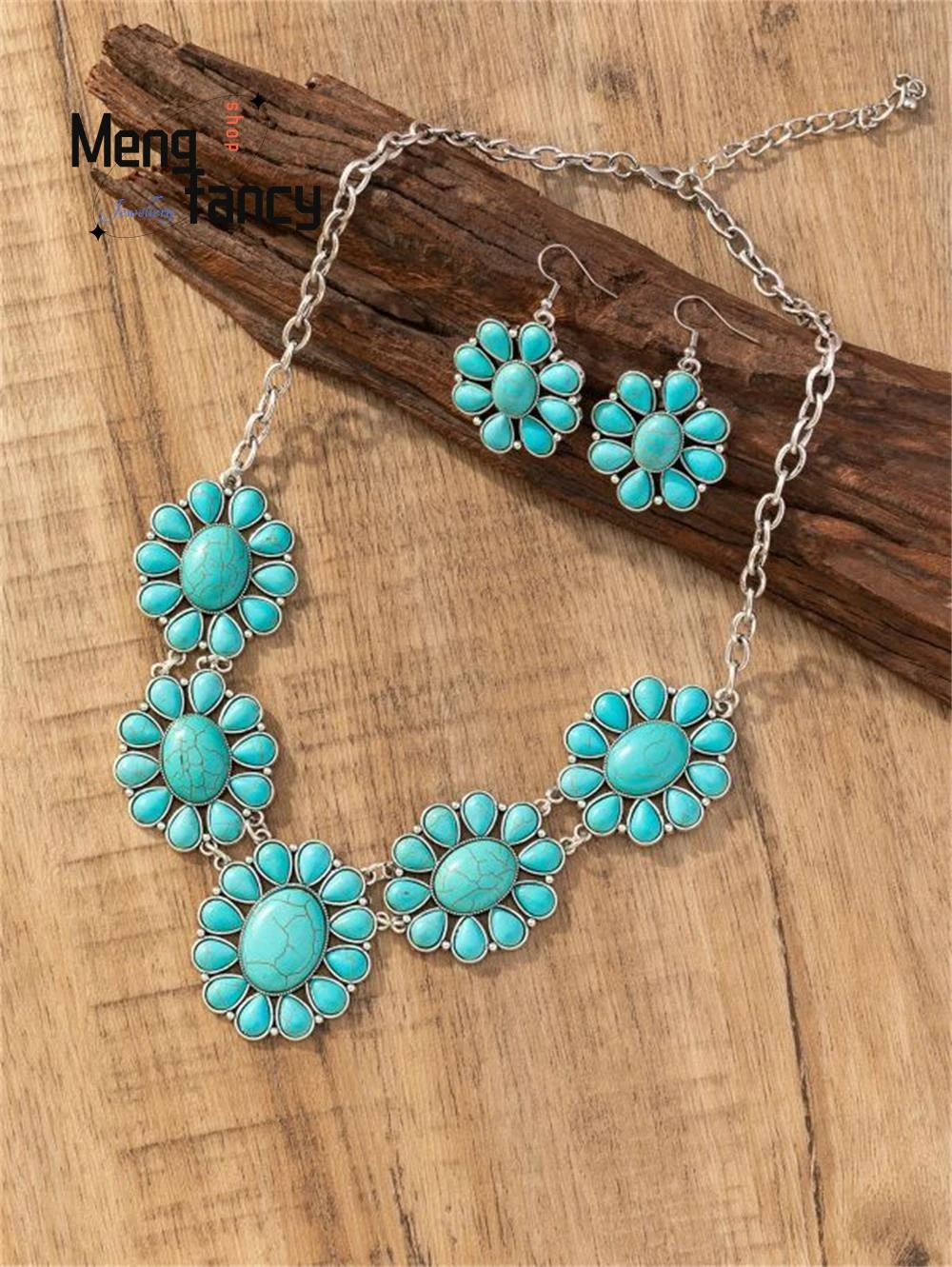 Natural Vintage Personalised Turquoise Flower Earrings Necklace Bohemian Ethnic Style Exquisite Fashion Jewellery Holiday Gifts