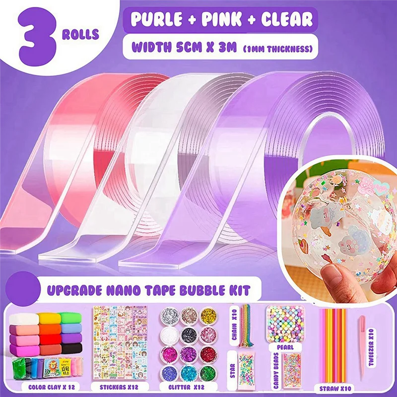 Color Nano Tape Bubble Kit for Kids Magic Sticky Ball DIY Elastic Nano Tape Toys Double Sided Bubblable Tapes