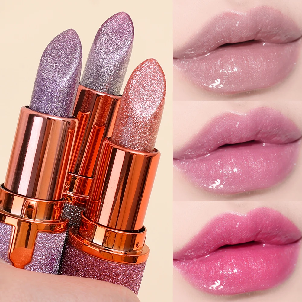 Temperatura Batom Brilho de Mudança de Cor Brilhante Brilhante Diamante, Impermeável, Hidratante Durável, Vermelho, Rosa, Maquiagem Sexy Lip, 1pc