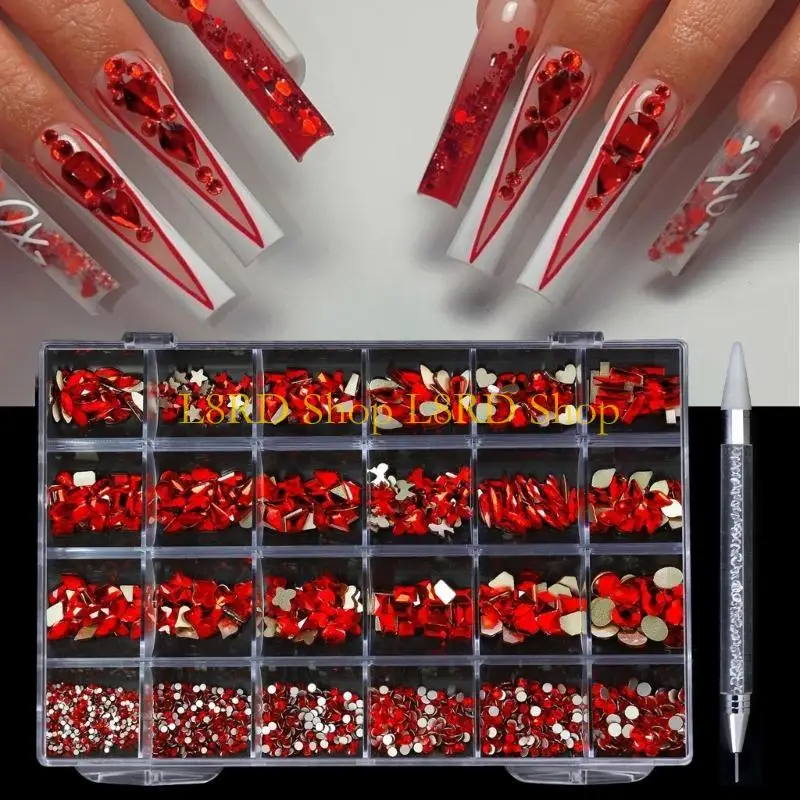 L8RD Art Rhinestones MultiShape Glass Crystal AB Stones Jewels Flatback Rhinestones with Wax Pen