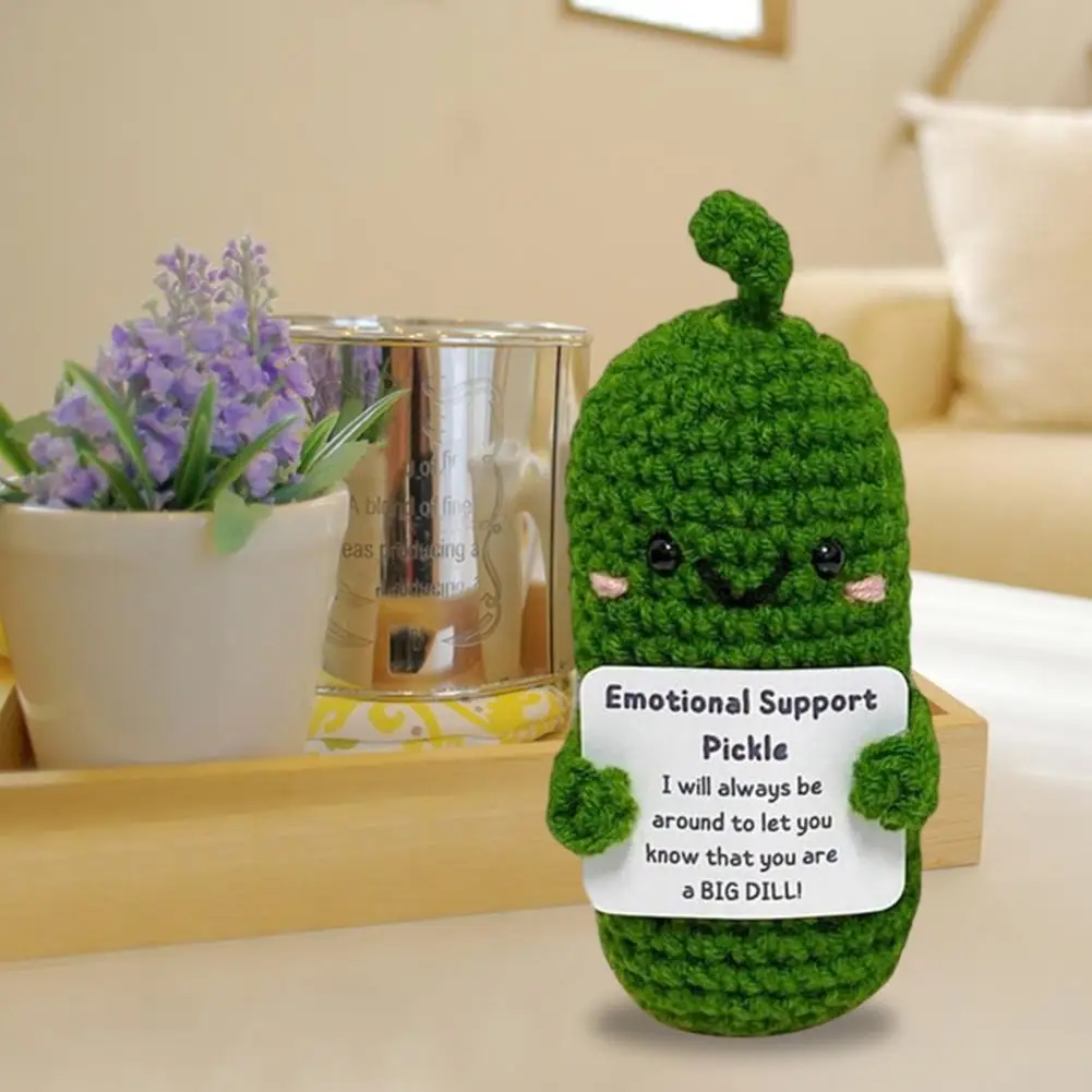 

Handmade Braided Cucumber Doll with Encouragement Card Crochet Emotional Support Pickles Knitting Cucumber Doll Gift Home Decor