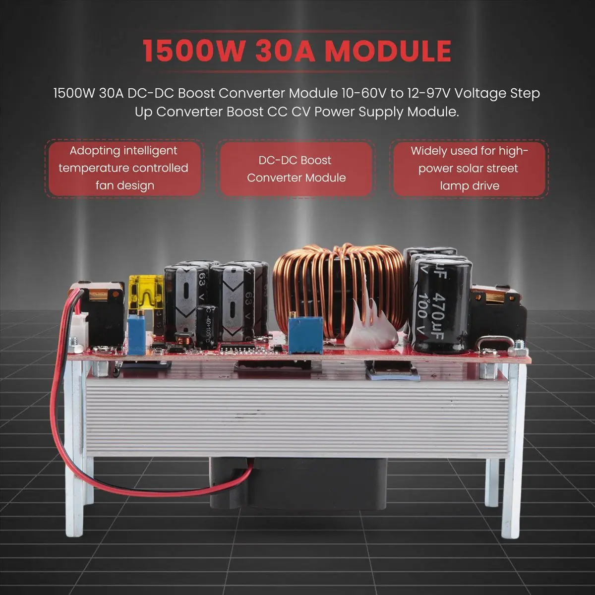 

Модуль повышающего преобразователя напряжения A32M 1500W 30A DC-DC, 10-60В в 12-97В, с функциями CC/CV, модуль питания