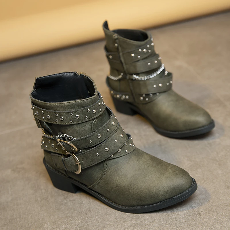 

2023 Vintage Punk Style PU Leather Women Boots Gorgeous Metal Zip Ankle Boots Women Fashion Classic Denim Boots Women Shoes