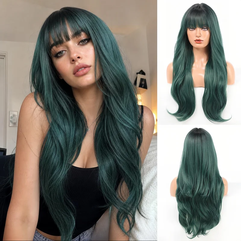 Long Green Highlights Wig with Bangs Layered Curly Wigs for Women Natural Syn...