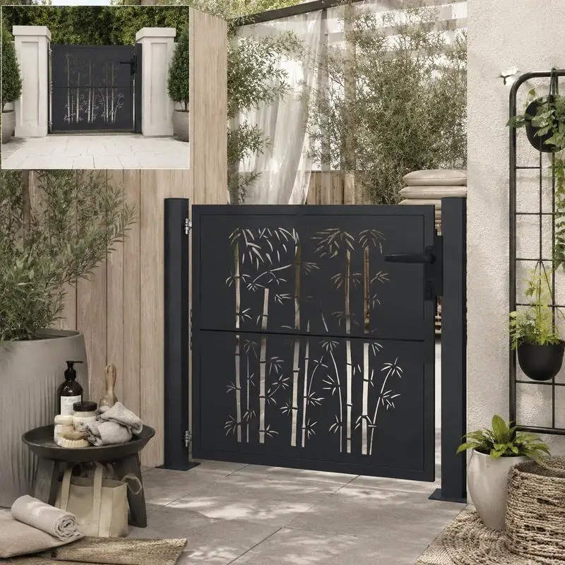 Portail de jardin 100x75 cm en acier, aspect bambou, pour entrée extérieure, protection des objets, facile à nettoyer, idéal pour clôture de jardin et gestion de l'accès.