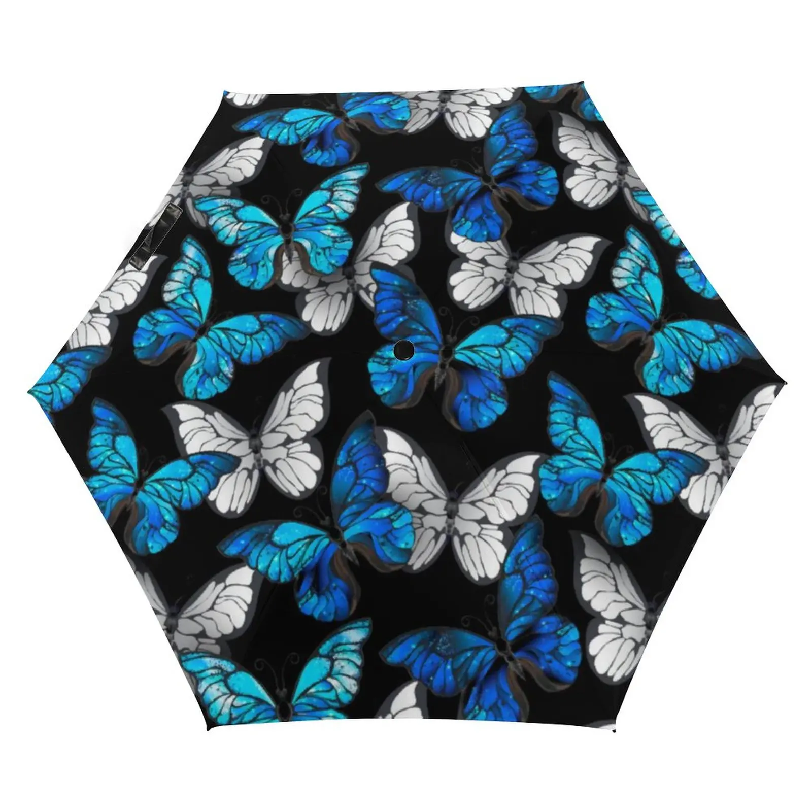 

Blue And White Butterfly 3 Fold Manual Umbrella Animal Print Portable Pocket Umbrella UV Protection Umbrellas for Men Women