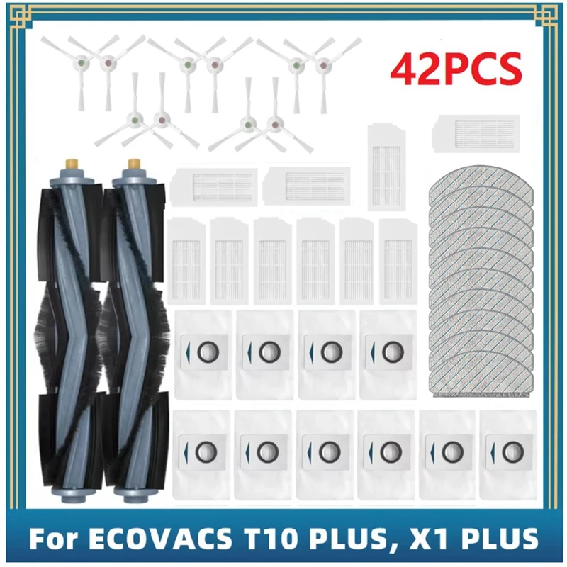 42PCS  For ECOVACS T10 PLUS / X1 PLUS Robot  Vacuum Replacement Spare Parts  Main Side Brush Hepa Filter Mop Cloth Dust Bag A