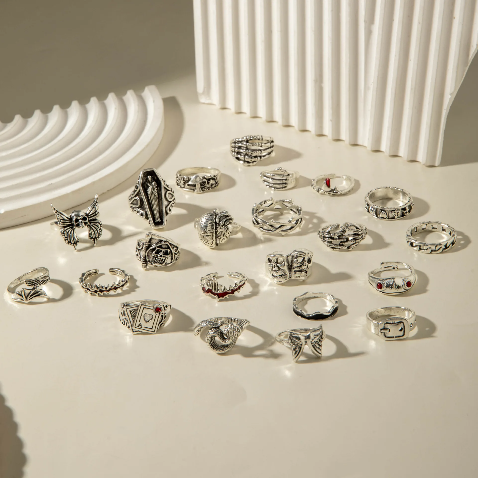 23Pcs/Set Gothic Punk Bat Skull Religion Rings Set for Women Men Silver Color Metal Skeleton Grim Reaper Anillos Jewelry ﻿
