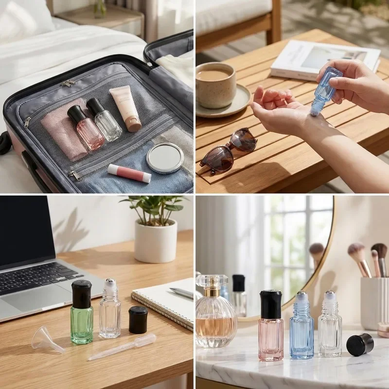 3pcs 3ml Mini Octagonal Shape Portable Glass Roll-on Bottles With Steel Ball - Perfect for Traveling and Storing Cosmetics