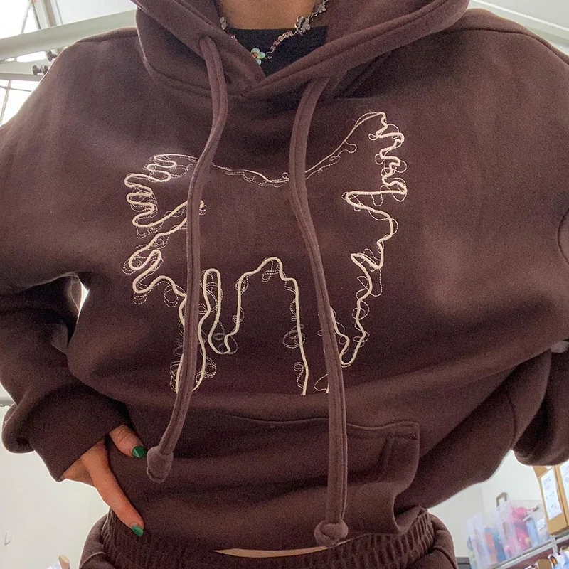 Women Solid Color Casual Sport Style Hoodies Suits Spring Autumn Loose All-Match Streetwear Butterfly Embroidered Sweatshirt Set