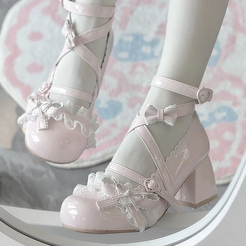 

Sweet Lolita Shoes for Girls Japanese Style Cute Bow Strap High Heels Luxury Princess Single Shoes Women's Leather Pumps
