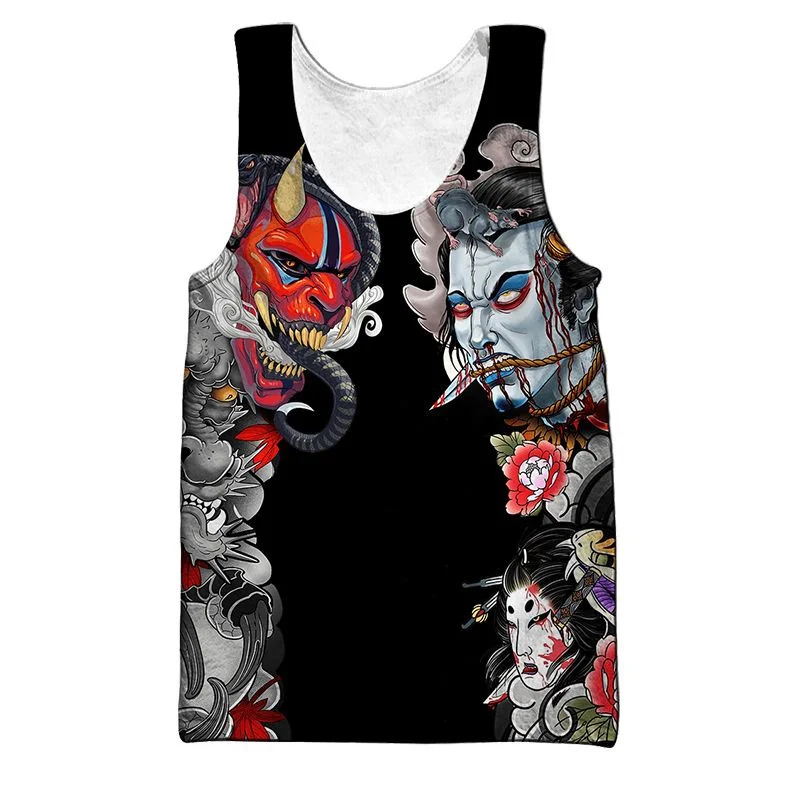 Japanese Samurai Armor Mask Print Tank Top For Men Daily Sport Wear Casual Basketball Vest Breathable Summer Gym Sleeveless Top