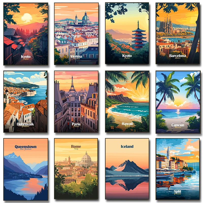 الحديثة Serene سيتي سكيب الغروب الملصقات Dubrovnik أيسلندا جبل فيينا يطبع حائط لوح رسم صورة فنية ديكور غرفة المنزل