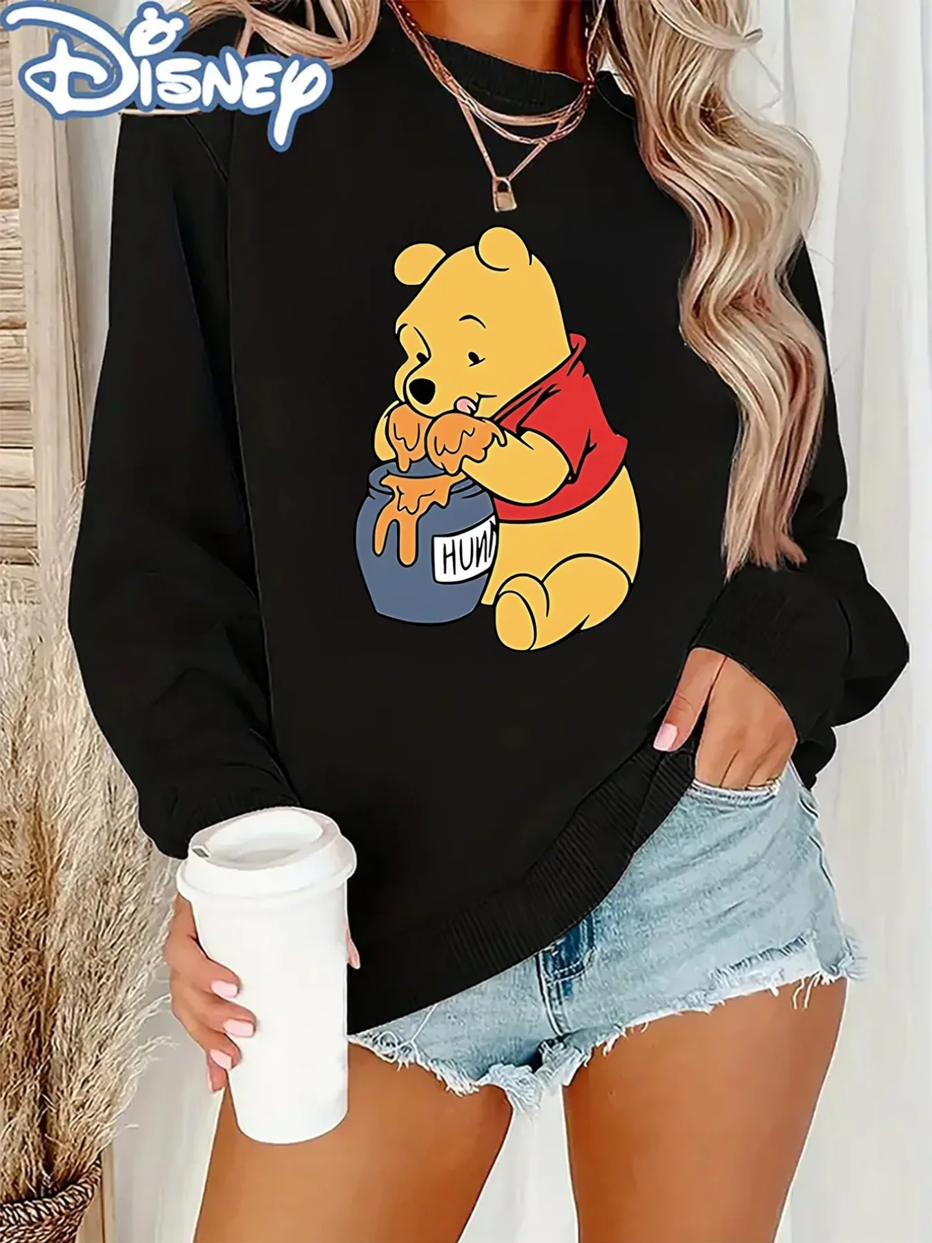 디즈니 위니 더 푸 여성용 라운드 넥 스웨트셔츠 풀오버 유니섹스 플리스 캐주얼 가을 및 겨울 스트리트웨어 오버사이즈