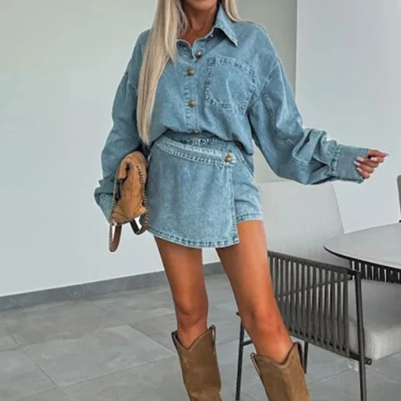 Office Fashion Button Denim Outfit Sexy Irregular Slim Mini Shorts Two Piece Sets New Spring Lapel Long Sleeve Shirt Women Suits