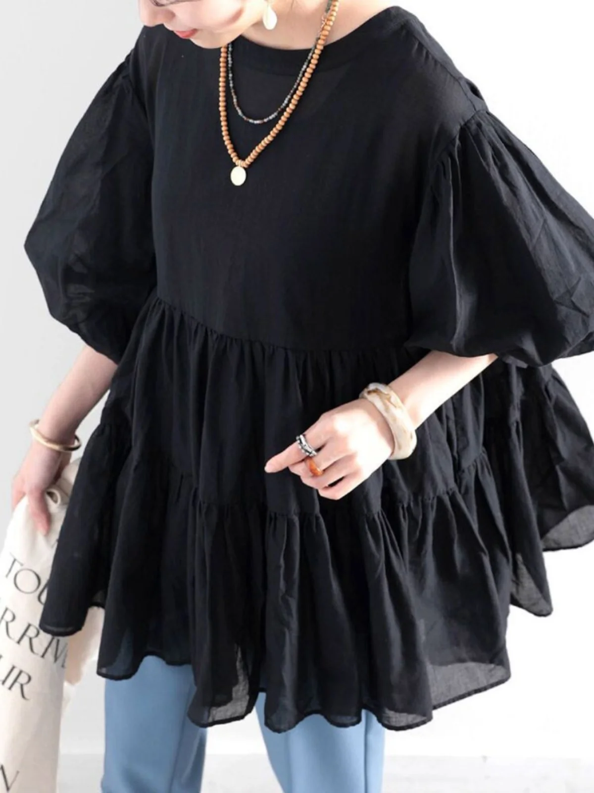 

Лето 2024, женская круглая Ne Puffy Doll irt, японский Sle Lantern Sve, смесь хлопка и полиэстера, корейский топ свободного покроя